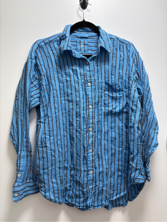 aerie Tops - aerie Light Blue and Black Striped Long-Sleeve Button-Down Shirt